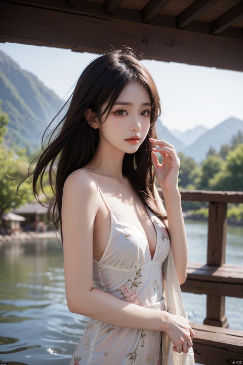 High quality, super detail, masterwork, 8K, best ratio of four fingers to thumb, a beautiful young Chinese woman dressed in fashionable clothes, her long hair fluttering gently in the wind. Her skin is like jade, her eyes are bright, showing a gentle and firm temperament. She stood by a small river in the mountains. The water was clear. The woman seemed to be waiting for something, seemed to be thinking about something, her face was filled with a faint smile, as if the whole world were in her hands,superior feeling, full texture,