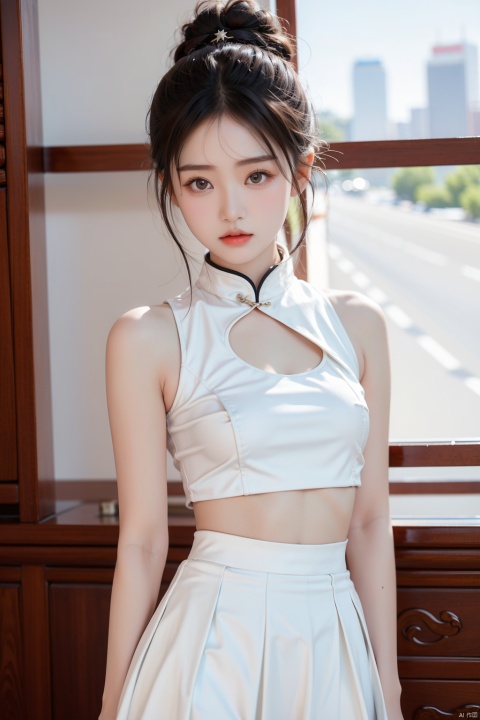 High quality, ultra detail, masterpiece, 8k, a beautiful little Chinese girl in a thin white skirt. She had a hairpin in her black, shiny bun, and her eyes were bright as stars, staring curiously ahead., wwcgirl