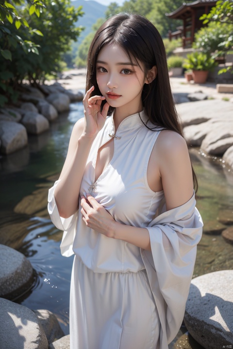 (photo reality: 1.3) , Edge lighting, (high detail skin: 1.2) , 8K Ultra HD, high quality, high resolution, best ratio of four fingers and thumb, (photo reality: 1.3), a beautiful young Chinese woman dressed in fashionable clothes, her long hair fluttering gently in the wind. Her skin is like jade, her eyes are bright, showing a gentle and firm temperament. She stood by a small river in the mountains. The water was clear. The woman seemed to be waiting for something, seemed to be thinking about something, her face was filled with a faint smile, as if the whole world were in her hands,superior feeling, full texture,