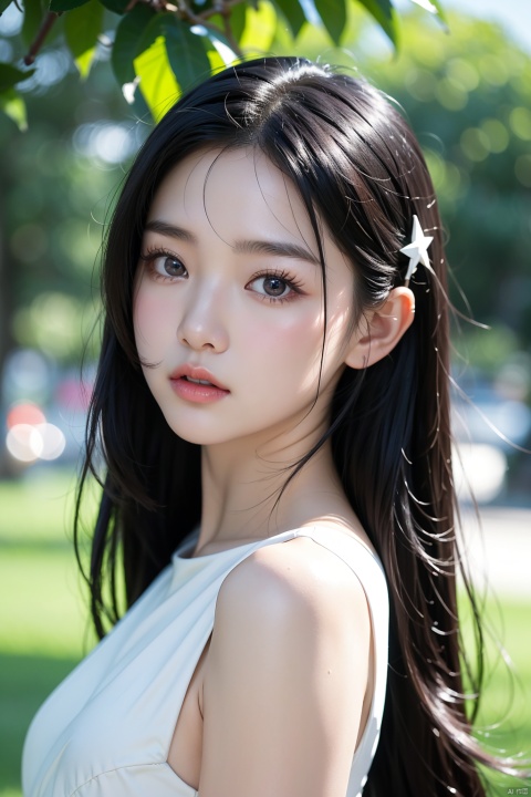 High quality, ultra detail, masterpiece, 8k, a Chinese girl in a thin white dress, a hair clip pinned to her glossy black hair, her eyes bright as stars, staring curiously ahead. She was full of youthful energy, and her eyes longed for youth