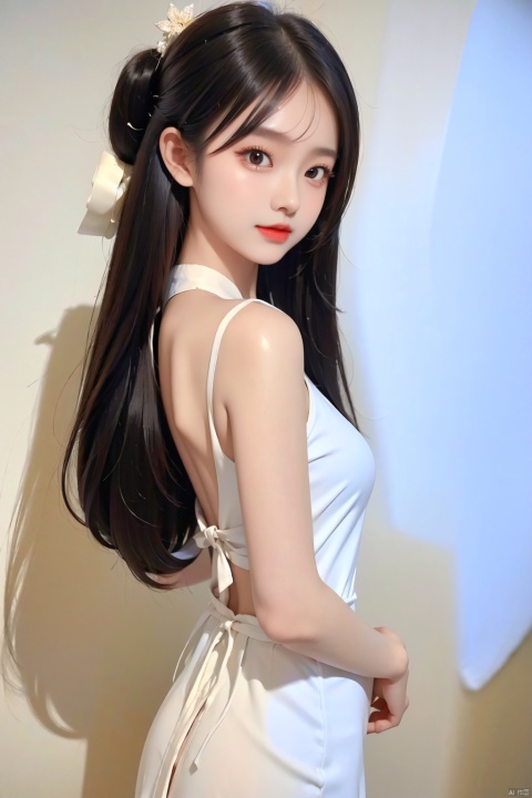 High-quality, ultra-detailed, masterpiece, 8k, a Chinese girl in a thin white dress, a hairpin pinned to her glossy black hair, her eyes bright as stars, staring curiously ahead., wwcgirl