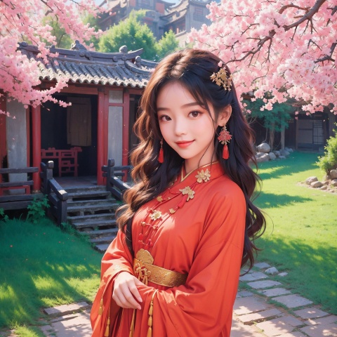 High quality, super detail, masterpieces,8k,In a beautiful village in ancient China, a lovely little girl is smiling. She was wearing a red dress and standing under an old apricot tree. Her long hair fluttered behind her, looking particularly beautiful in the sun. There is a beautiful scenery around, the mountains are vigorous, the trees are lush, the whole village is quiet and serene. The little girl smiled, looking very confident and happy. Her smile brightened everything around her and made the whole scene more vivid and interesting. This scene shows a beautiful ancient Chinese village and a happy little girl, let a person feel the beauty of ancient Chinese culture and life.