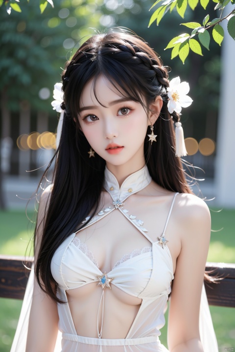 High quality, ultra detail, masterpiece, 8k, a Chinese girl in a thin white dress, a hair clip pinned to her glossy black hair, her eyes bright as stars, staring curiously ahead. She was full of youthful energy, and her eyes longed for youth