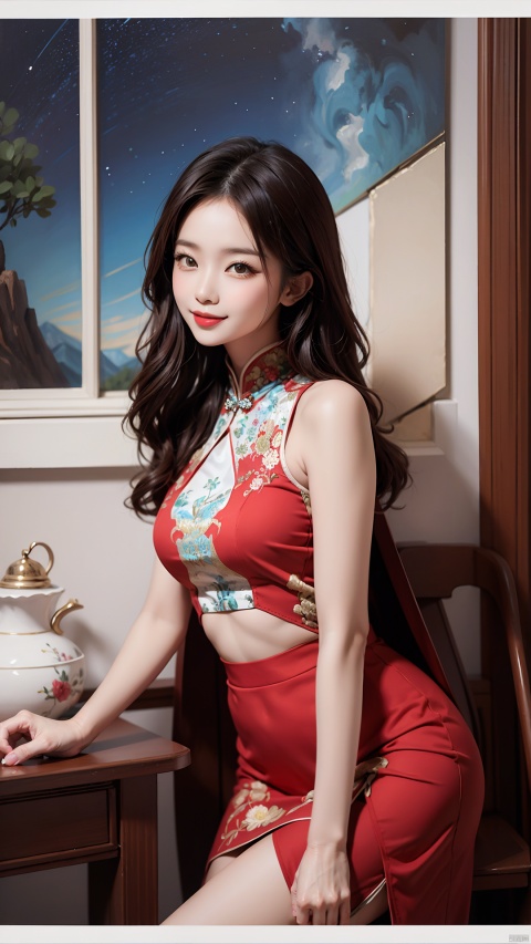  High quality, super detail, masterpieces, 8k, a beautiful Chinese girl wearing a beautiful short skirt, eye-catching. Her long hair fluttered, her eyes were as bright as stars, and her smile was bright and charming. The skirt was embroidered with exquisite embroidery, depicting a colorful landscape painting scroll, highlighting the charm of Oriental elements.