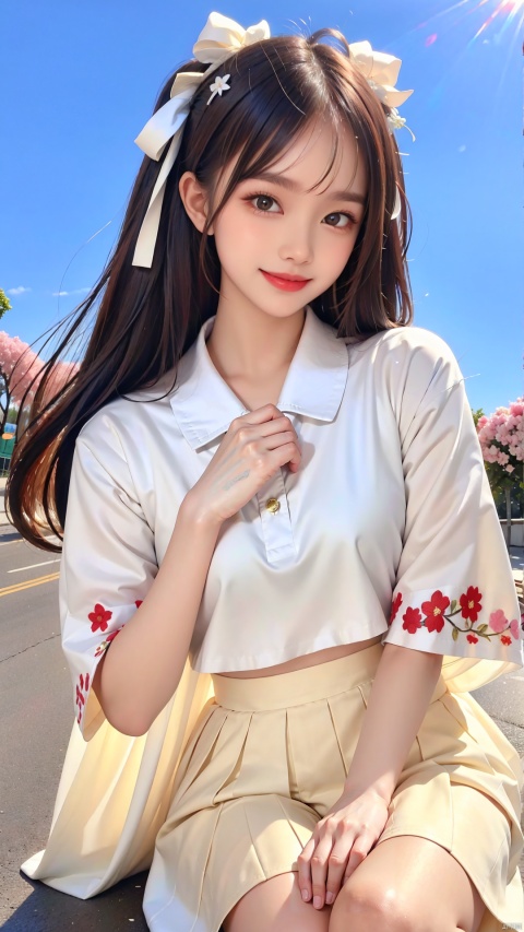 High quality, super detail, masterpiece, 8k, (best ratio of four fingers to thumb is 1.331) , best ratio of middle to middle finger tip, best ratio of thigh to calf,a beautiful little Chinese girl, wearing a white transparent skirt, eye-catching. Her long hair fluttered, her eyes were as bright as stars, and her smile was bright and charming. The skirt was embroidered with flowers, showing the charm of a woman