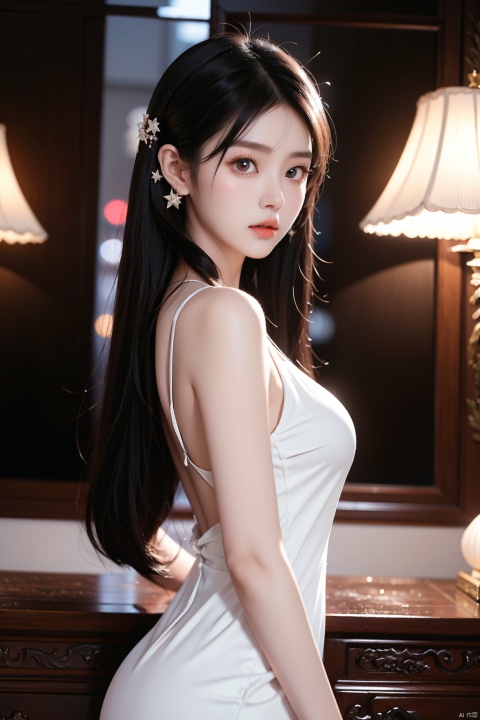 High-quality, ultra-detailed, masterpiece, 8k, a Chinese girl in a thin white dress, a hairpin pinned to her glossy black hair, her eyes bright as stars, staring curiously ahead.