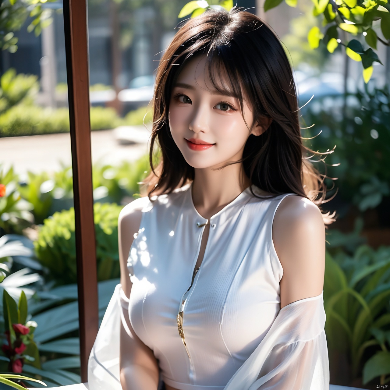  High quality, ultra detail, masterpiece, 8k, a beautiful woman standing in a fantastic garden. The woman&#039;s eyes were deep and bright, as if covered with a sea of stars. Her lips curled up into a charming smile. A woman is full of youthful energy and shows a desire for love., sunyunzhu, wwcgirl