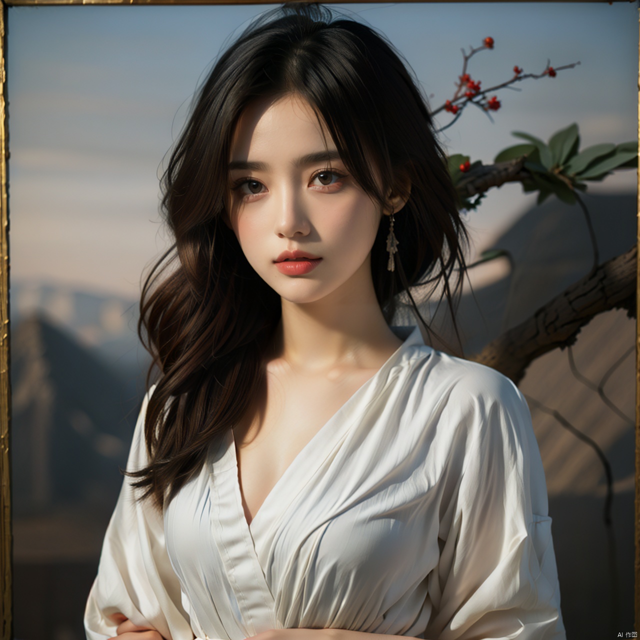 High quality, super detail, masterpieces,8k, In an antique Chinese painting, a graceful young woman stands still in the poetic landscape. Her face had not changed. It still retained its classic charm and quiet beauty, while her ordinary mouth had been carefully described and transformed into a breath-taking beauty, as polished jade as warm and full of vivid expression, every trace of smile is just the right to show the subtle and elegant Oriental women. Black hair cascading down the shoulders, silky, as if in the breeze blowing gently swaying. She was dressed in gorgeous but elegant ancient costumes, graceful figure, a perfect interpretation of the ancient Chinese aesthetics of women's image of the ideal pursuit. The landscape remains the same, with its ink-painting of mountains and rivers, mountains and mountains, and the pines and bamboos interspersed with them, creating a stunning blend of natural harmony and humanity. In this quaint image, the woman's figure was especially eye-catching. The corners of her mouth lifted slightly, and her beautiful lips, which had been altered, became a magical link between the past and the present, arousing the endless imagination., mtianmei
