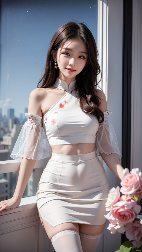  High quality, super detail, masterpieces, 8k, A beautiful little Chinese girl in a white transparent skirt, eye-catching. Her long hair fluttered, her eyes were as bright as stars, and her smile was bright and charming. The skirt was embroidered with flowers, showing off the charm of women.