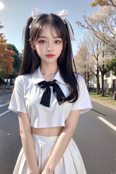 RAWimagequality、8K分辨率、Ultra-high-definition CG images、Autumn leaves at night、Moonlight、16-year-old beautiful girl、Detailed beautiful eyes。(Twin-tailed black hair:1.4), (White ribbon to stop hair:1.4), (Platinum Silver Accessories:1.4)、(White School Uniform:1.4)、(big breasts thin waist)、(Purple eyes:1.3), (radiant eyes)、Colossal tits、Susukihata、depth of fields、masutepiece、absurderes、24K Graphic Arts、Carefully drawn background、Composition with depth、, wwcgirl