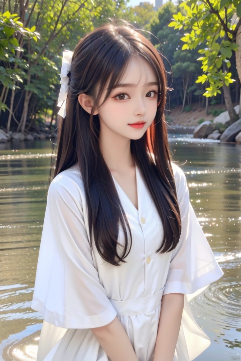 High quality, ultra detail, masterpiece, 8k, a beautiful young Chinese woman dressed in fashionable clothes, her long hair fluttering gently in the wind. Her skin is like jade, her eyes are bright, showing a gentle and firm temperament. She stood by a small river in the mountains. The water was clear. The woman seemed to be waiting for something, seemed to be thinking about something, her face was filled with a faint smile, as if the whole world were in her hands, wwcgirl