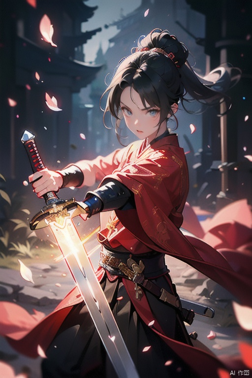  1girl,black hair,energy sword,glint,glowing sword,Unsheathed sword,solo,red Hanfu,Grasp the hilt with your hand,Brave and spirited,sword-dance,holding sword,looking at viewer,petals,solo,standing, 1boy, glow