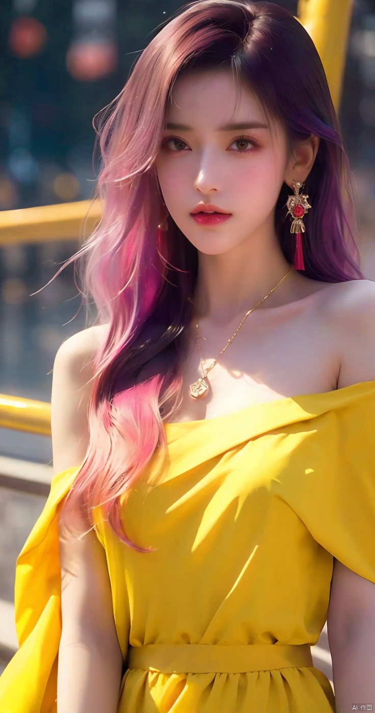  1girl,Bangs, off shoulder, colorful_hair, ((colorful hair)),golden dress, yellow eyes, chest, necklace, pink dress, earrings, floating hair, jewelry, sleeveless, very long hair,Looking at the observer, parted lips, pierced,energy,electricity,magic,tifa,sssr,blonde hair,jujingyi, wangyushan, dofas