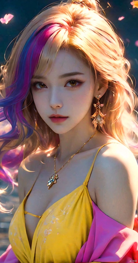  1girl,Bangs, off shoulder, colorful_hair, ((colorful hair)),golden dress, yellow eyes, chest, necklace, pink dress, earrings, floating hair, jewelry, sleeveless, very long hair,Looking at the observer, parted lips, pierced,energy,electricity,magic,tifa,sssr,blonde hair,jujingyi, wangyushan, dofas