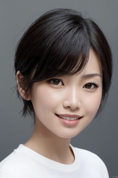 (close up portrait of a woman of east asian descent),happy and smile expression, looking at camera, slight stubble, dark hair with undercut hairstyle, clean skin, brown eyes, wearing dark shirt, soft lighting, gray background, shallow depth of field, high-resolution image, studio shot, headshot, photographic realism., masterpiece, best quality,