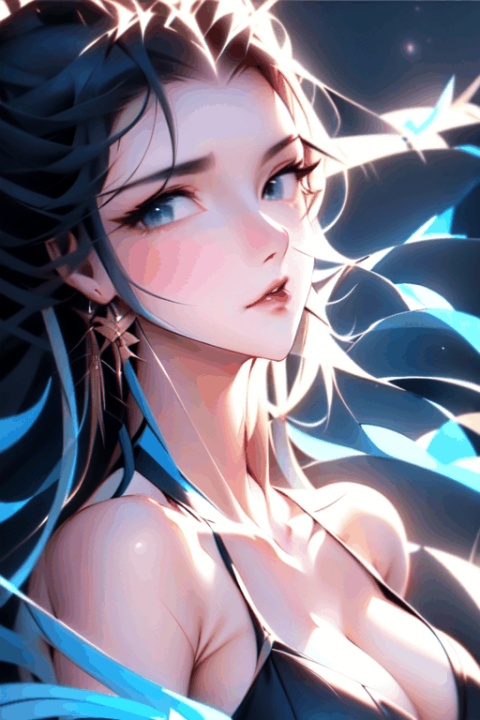 1girl,Bangs, off shoulder, black hair, blue dress, blue eyes, chest, earrings, dress, earrings, floating hair, jewelry, sleeveless, long hair,Looking at the observer, parted lips,moyou