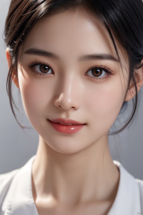 (close up portrait of a woman of east asian descent),happy and smile expression, looking at camera, slight stubble, dark hair with undercut hairstyle, clean skin, brown eyes, wearing dark shirt, soft lighting, gray background, shallow depth of field, high-resolution image, studio shot, headshot, photographic realism., masterpiece, best quality,