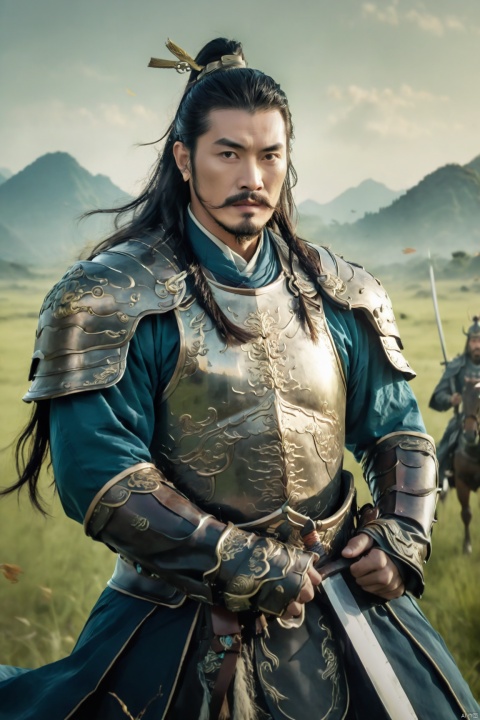 solo, a middle-aged ancient Chinese general,weapon, male focus, sky, sword, armor, facial hair, beard, mustache,Majestic,Dominant, Overbearing, Swaggering,Wearing ancient Chinese armor,The background is a vast grassland, with a large army marching, and a desolate scene.