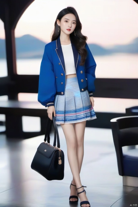 风格;masterpiece,bestquality,8k,4k,Filmtexture,dusky,
人物;1girl,solo,blackhair,longhair,blackeyes,lips,
视角:fullbody,
服饰; skirt, long sleeves,jacket,braid, bag, nail polish, high heels, head tilt, crossed arms, sandals, blue jacket, hair over shoulder,pinkskirt,longskirt,handbag,
动作;standing,
场景; simple background,black background, , hand, g010, g006