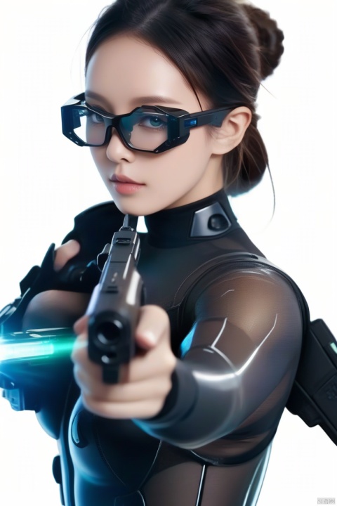  Vision Next, medium shot front view of a woman wearing black transparent futuristic glasses with glowing HUD display on the glasses, black military bodysuit, holding a gun, white background, highly detailed, ultra-high resolutions, 32K UHD, best quality, masterpiece, cowboy_shot,g021, hand, g019, g009, g022, g006
