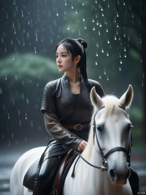 A girl with black ponytail hair, wearing 👗, holding a sword, riding a white horse, it was pouring rain, and the air was filled with water droplets,

dramatic,Backlighting,soft contrast,cinematic,hyperdetailed photography,texture,fog,vignette,black and brown color palete,particles,water reflection,depth of field,bokeh,85mm 1.4,rain,sunset,(facing camera:1.1),ray tracing,shadows,ultra sharp,metal,((cold colors)),Epic CG masterpiece,(3D rendering),facing camera,ultra high resolution,(masterpiece),(best quality),(super detailed),(extremely delicate and beautiful),cinematic light,detailed environment,(real),(ultra realistic details:1.5), hand, g020