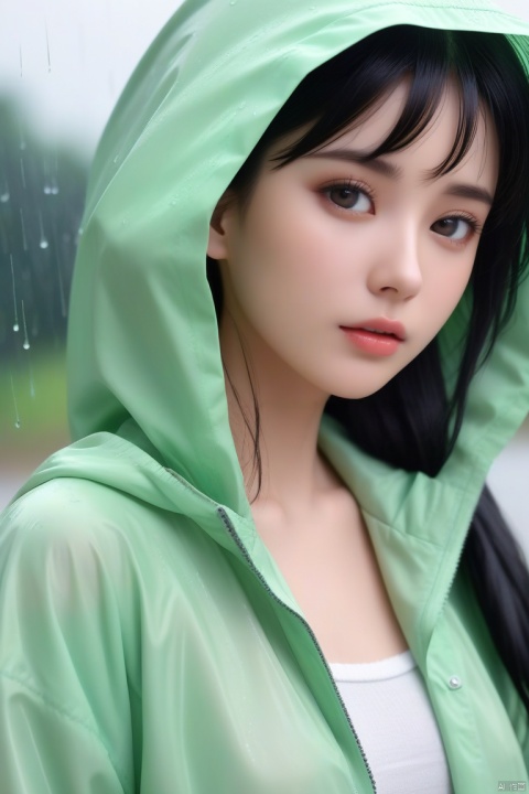  1 girl,black hair,extreme macro closeup of a pastel green rain jacket fabric, the fabric is matte, shows no wrinkles and is very detailed, it’s incredible photorealistic