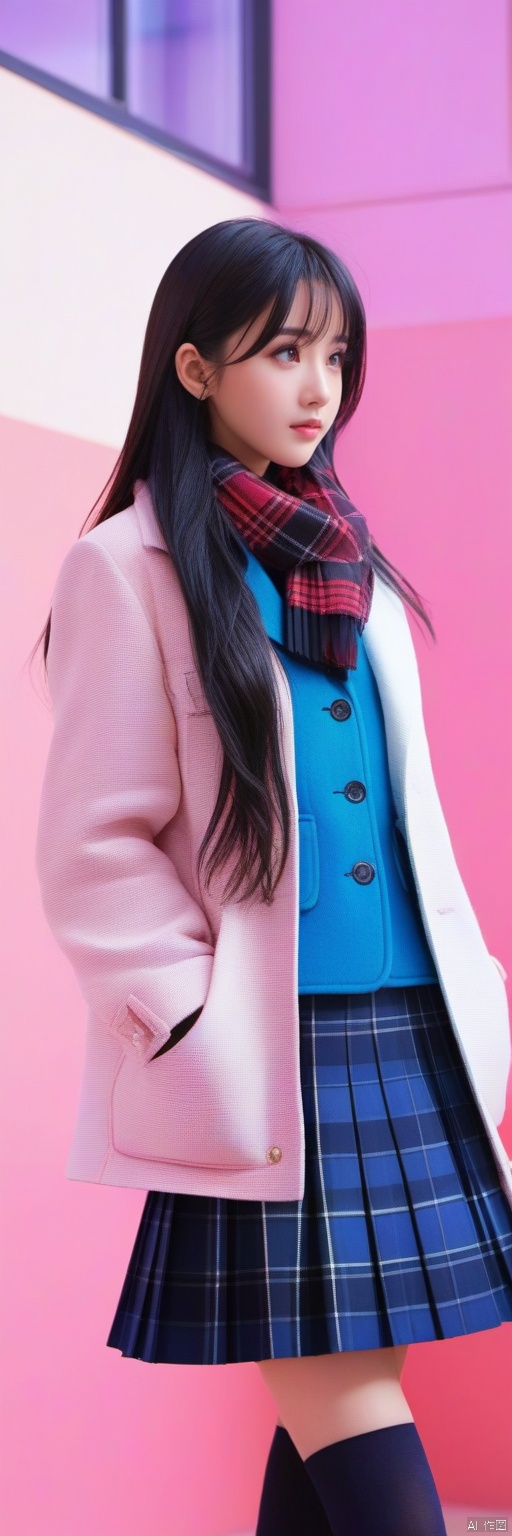  masterpiece,bestquality,8k,4k, 1girl, bangs, black_hair, black_eyes, blush, breath, coat, cowboy_shot, earmuffs, gradient, gradient_background, hair_between_eyes, hands_in_pockets, , , jacket, long_hair, looking_away, pink_background, plaid, plaid_scarf, plaid_skirt, pleated_skirt,legs,shoes,school_uniform, skirt, solo, thighhighs, shota, g021, hand, g020, g009, g008