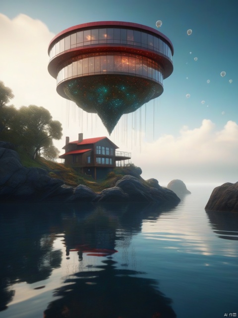 The image showcases a whimsical and intricately designed house that appears to be floating above the water. The house has multiple levels, with a prominent red-tiled roof, multiple windows, and various decorative elements. There are antennas, a satellite dish, and other technological devices attached to the house. The house is surrounded by a deck with seating, plants, and a table. Below the house, there's a large rock formation that supports the house. The backdrop is a serene blue sky with fluffy white clouds.


dramatic,Backlighting,soft contrast,cinematic,hyperdetailed photography,texture,fog,vignette,black and brown color palete,particles,water reflection,depth of field,bokeh,85mm 1.4,rain,sunset,(facing camera:1.1),ray tracing,shadows,ultra sharp,metal,((cold colors)),Epic CG masterpiece,(3D rendering),facing camera,ultra high resolution,(masterpiece),(best quality),(super detailed),(extremely delicate and beautiful),cinematic light,detailed environment,(real),(ultra realistic details:1.5),glass-like sparkling eyes are blurry and dreamy,(finely detailed features),stunning colors,cinematic lighting effects,super wide Angle,light particles,light particle art,glowing,dynamic poses,surreal,futurism,concept art,designed by greg manchess,smoke,trending on art station,photoreal,8 k,octane render by greg rutkowski,art by Carne Griffiths and Wadim Kashin,in the style of Dau-al-Set,Pollock,and inspired by MAPPA and Zdzislaw Beksinski,