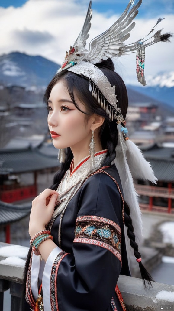  1girl, Black hair, bracelets, double braids, Miao Silver Phoenix Crown, Miao costume, crescent headdress, intricate jewelry, silver metal headdress, bird standing on hand, close-up, slight profile, depth of field, earrings, jewelry, lips, long hair, mountains, buildings, clouds, cloudy skies, necklaces, outdoors, railings, snow, solo,Miao ethnic clothing, g011