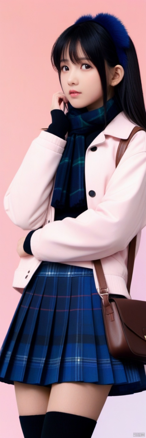  masterpiece,bestquality,8k,4k, 1girl, bangs, black_hair, black_eyes, blush, breath, coat, cowboy_shot, earmuffs, gradient, gradient_background, hair_between_eyes, hands_in_pockets, , , jacket, long_hair, looking_away, pink_background, plaid, plaid_scarf, plaid_skirt, pleated_skirt,legs,shoes,school_uniform, skirt, solo, thighhighs, shota, g021, hand, g020, g009