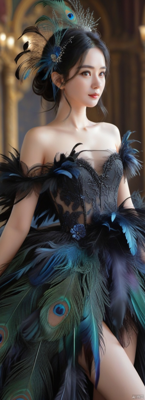  kq01,1girl,solo,black hair,bare shoulders,dress,fullbody,feathers,, (high quality), best quality, (4k), 8k, super detailed, (full detail), (masterpiece), (realistic), super detailed,(Exquisite details) ,intricate,g020, g019