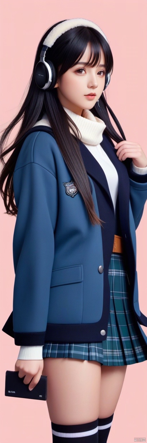  masterpiece,bestquality,8k,4k, 1girl, bangs, black_hair, black_eyes, blush, breath, coat, cowboy_shot, earmuffs, gradient, gradient_background, hair_between_eyes, hands_in_pockets, headphones, headphones_around_neck, jacket, long_hair, looking_away, pink_background, plaid, plaid_scarf, plaid_skirt, pleated_skirt,legs,shoes,school_uniform, skirt, solo, thighhighs, shota, g021, hand