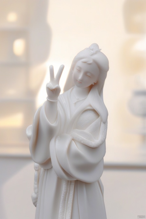 photography, (masterpiece:1.3), (8k, photorealistic, RAW photo, best quality: 1.4), 1girl, white porcelain, solo, long hair,
sweater, 
hand makes the gesture of victory,fingers,V,two,Pointing at,
, hand, g020,porcelain,