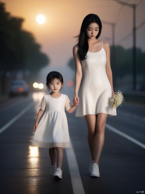  A Chinese girl with black hair, bright eyes, wearing a white dress and high heels, holding a child The child is wearing sportswear and the child is wearing sneakers ,On the road, it was raining heavily, the sunset

dramatic,Backlighting,soft contrast,cinematic,hyperdetailed photography,texture,vignette,black and brown color palete,particles,depth of field,bokeh,85mm 1.4,,(facing camera:1.1),ray tracing,shadows,ultra sharp,metal ,((cold colors)),Epic CG masterpiece,(3D rendering),facing camera,ultra high resolution,(masterpiece),(best quality),(super detailed),(extremely delicate and beautiful),cinematic light,detailed environment ,(real),(ultra realistic details:1.5), hand, g021, g020

