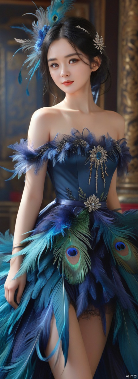  kq01,1girl,solo,black hair,bare shoulders,dress,fullbody,feathers,, (high quality), best quality, (4k), 8k, super detailed, (full detail), (masterpiece), (realistic), super detailed,(Exquisite details) ,intricate,g020, g019