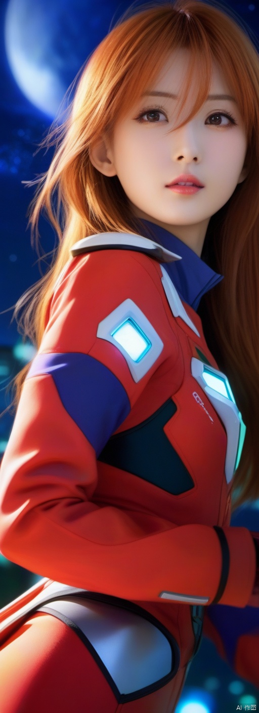 (best quality, masterpiece, colorful, dynamic angle, highest detailed)(Asuka Langley),upper body photo,fashion photography of cute red long hair girl (Asuka Langley),dressing high detailed Evangelion red suit (high resolution textures),in dynamic pose,bokeh,(intricate details, hyperdetailed:1.15),detailed,moonlight passing through hair,perfect night,(fantasy background),(official art, extreme detailed, highest detailed),HDR+, ((poakl)), g009