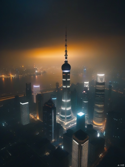 outdoors, sky, cloud, no humans, night, building, scenery, city, cityscape, skyscraper, city lights, dark, night sky,(Oriental Pearl:1.2), high-rise, Shanghai

dramatic,Backlighting,soft contrast,cinematic,hyperdetailed photography,texture,fog,vignette,black and brown color palete,particles,water reflection,depth of field,bokeh,85mm 1.4,rain,sunset,(facing camera:1.1),ray tracing,shadows,ultra sharp,metal,((cold colors)),Epic CG masterpiece,(3D rendering),facing camera,ultra high resolution,(masterpiece),(best quality),(super detailed),(extremely delicate and beautiful),cinematic light,detailed environment,(real),(ultra realistic details:1.5),glass-like sparkling eyes are blurry and dreamy,(finely detailed features),stunning colors,cinematic lighting effects,super wide Angle,light particles,light particle art,glowing,dynamic poses,surreal,futurism,concept art,designed by greg manchess,smoke,trending on art station,photoreal,8 k,octane render by greg rutkowski,art by Carne Griffiths and Wadim Kashin,in the style of Dau-al-Set,Pollock,and inspired by MAPPA and Zdzislaw Beksinski,