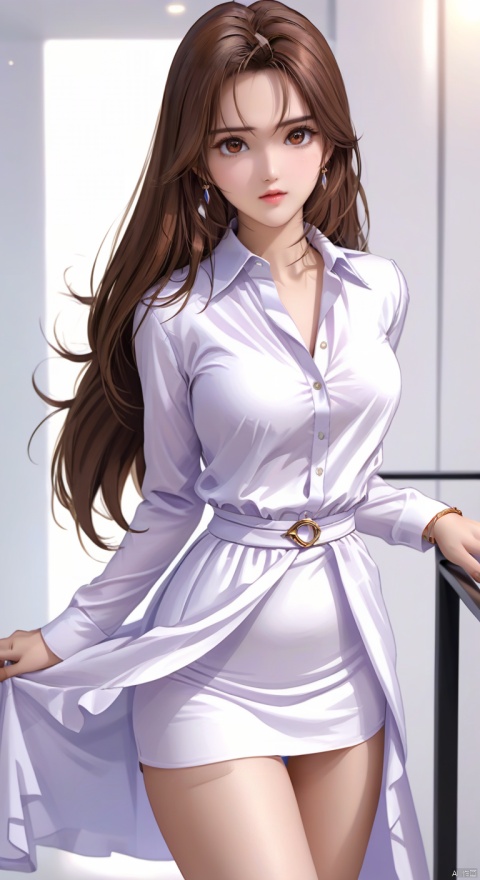  Style;masterpiece,bestquality,8k,4k,realistic, Characters;1girl,solo,brown-hair,long_hair,brown_eyes,medium_hair,lips,legs, perspective;Upper_body, Clothing; skirt, shirt, long sleeves, holding,jewelry,white_dress,bracelet,ring,white_skirt,highheels, action; standing, scene; indoors, dusky, , g004, hand