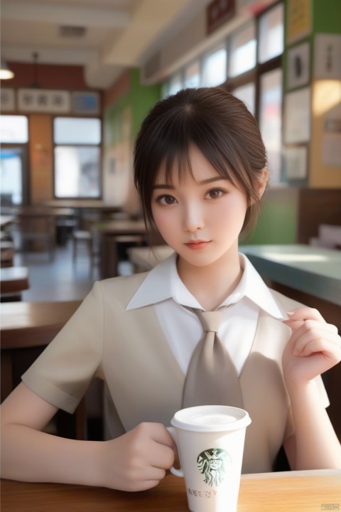  skin deatail, light and shadow, a Chinese girl , looking at the 
 viewer, realistic, portrait,,school_uniform, the coffee cup ,shorthair,coffee shop, hand, g008, g016