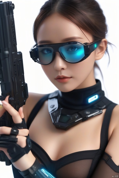  Vision Next, medium shot front view of a woman wearing black transparent futuristic glasses with glowing HUD display on the glasses, black military bodysuit, holding a gun, white background, highly detailed, ultra-high resolutions, 32K UHD, best quality, masterpiece, cowboy_shot,g021, hand, g019, g009, g022
