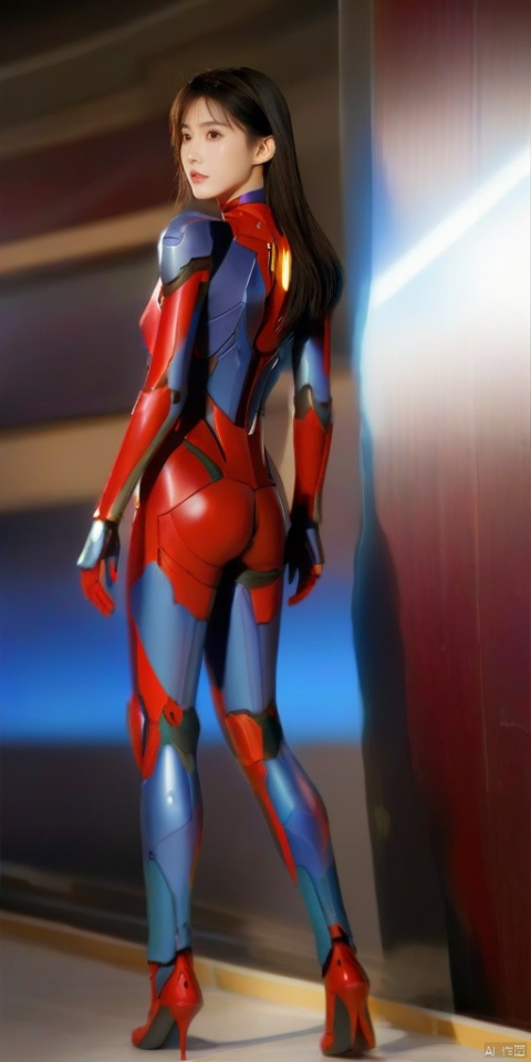 风格;masterpiece, bestquality, 8k, 4k,Filmtexture,
人物;1girl, solo, blackhair, long_hair, brown_eyes, lips, bare_shoulders, cleavage,breasts,
视角;full_body,
服饰; dressing high detailed Evangelion red suit (high resolution textures), IronMan,
动作;standing,
场景; dusky, indoors, simple background,,