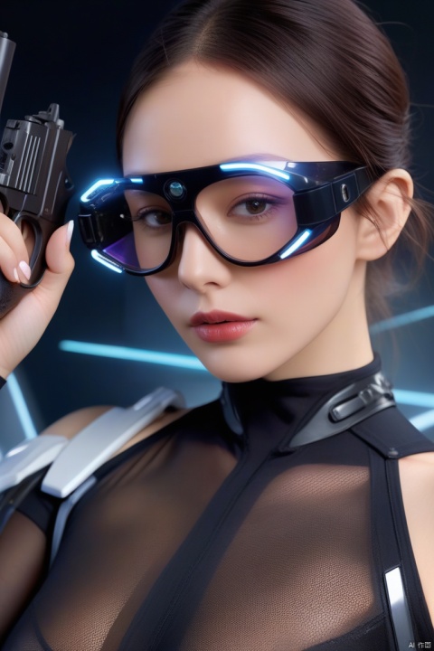  Vision Next, medium shot front view of a woman wearing black transparent futuristic glasses with glowing HUD display on the glasses, black military bodysuit, holding a gun, white background, highly detailed, ultra-high resolutions, 32K UHD, best quality, masterpiece, cowboy_shot,g021, hand, g019