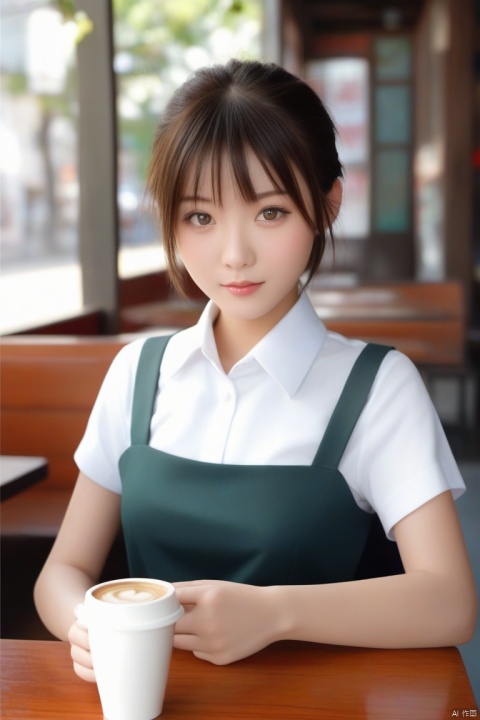  skin deatail, light and shadow, a Chinese girl , looking at the 
 viewer, realistic, portrait,,school_uniform, the coffee cup ,shorthair,coffee shop, hand, g008, g016