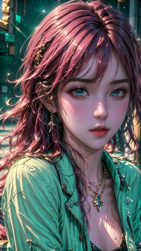  ( masterpiece, top quality, best quality, official art, beauty and aesthetic: 1.3), 1 girl, solo, long hair, bangs, pink hair, Wet hair, blush, half-rimmed glasses, spectacles, beautiful eyes, parted lips, flight suit, American jacket, thigh gap, JK, grey JK skirt, Wet clothes, hair trim, looking at the audience, solid background, gray background