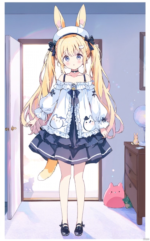  (masterpiece),(best quality)1girl, animal ears, solo,  long hair, very long hair, blue eyes, full body, blonde hair, animal ear fluff, hat, blush, holding, twintails, parted lips, bangs, shoes, puffy sleeves, :o, standing, rabbit ears, long sleeves, hair ornament, looking at viewer, bare shoulders,cat ears,cat tail,black choker,cute,(Kpop idol),(aegyo sal),(platinum blonde hair),((puffy eyes)),looking at viewer,full body,holding hand,facing front,bedroom