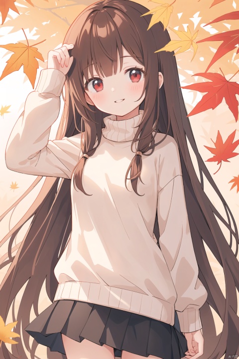  solo,long hair,red eyes,brown hair,leaf,bangs,holding leaf,long sleeves,looking at viewer,holding,pleated skirt,parted lips,autumn leaves,simple background,sweater,arm up,maple leaf,very long hair,ia-style(1girl,loli,evil smile,blush),nude,nsfw,small breasts
