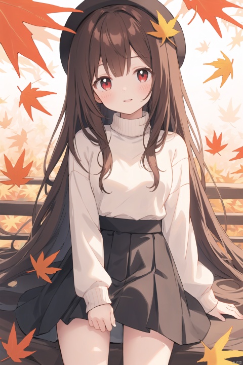  solo,long hair,red eyes,skirt,brown hair,leaf,bangs,holding leaf,long sleeves,looking at viewer,holding,pleated skirt,parted lips,autumn leaves,white sweater,simple background,sweater,arm up,maple leaf,very long hair,shirt,white shirt,ia-style(1girl,loli,evil smile,blush),nude,nsfw,small breasts
