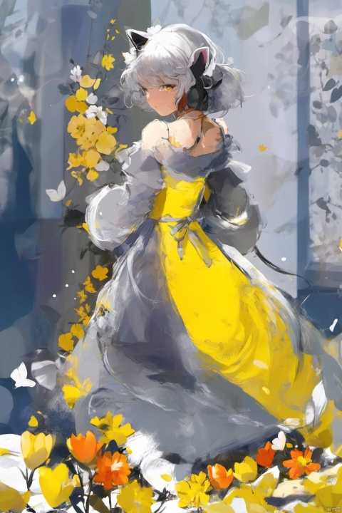  1girl, solo, long hair, bangs, hair ornament, long sleeves, dress, animal ears, yellow eyes, upper body, flower, grey hair, parted lips, cat ears, hair flower, blurry, parted bangs, bubble, grey dress, bichu