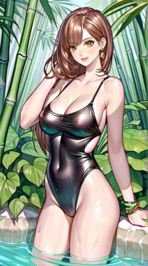 1girl,arm support,artist name,bamboo,bamboo forest,bare shoulders,black swimsuit,blurry foreground,branch,breasts,breasts apart,brown eyes,brown hair,bush,cameltoe,cleavage,collarbone,covered navel,covered nipples,cowboy shot,day,earrings,female pubic hair,foliage,forest,grass,highleg,highleg swimsuit,ivy,jewelry,jungle,large breasts,leaf,leaning back,leaning to the side,lips,long hair,looking at viewer,makeup,medium breasts,mole,moss,nature,nipples,one-piece swimsuit,outdoors,palm leaf,palm tree,plant,pool,poolside,potted plant,realistic,smile,solo,standing,swimsuit,tanabata,tanzaku,tree,vines,wading,water,wet,wet hair