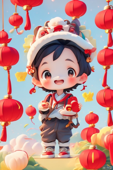 Cartoon IP, red clothes, Year of the Dragon, super cute, big eyes, lantern, masterpiece, top quality, best quality, black hair, sideways, black backpack, holding red envelope, hat